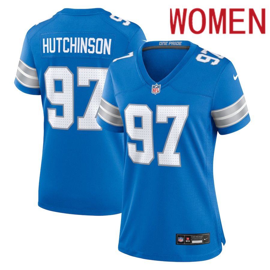 Women Detroit Lions #97 Aidan Hutchinson Nike Blue Game NFL Jersey->->Women Jersey